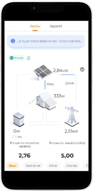 Image d'un smartphone montrant une application de suivi de la consommation d'une installation solaire