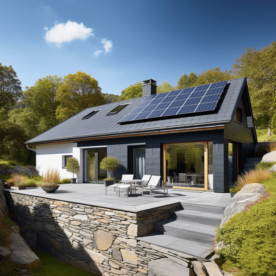 image montrant une maison de campagne moderne avec des panneaux photovoltaïques et un joli ciel bleu