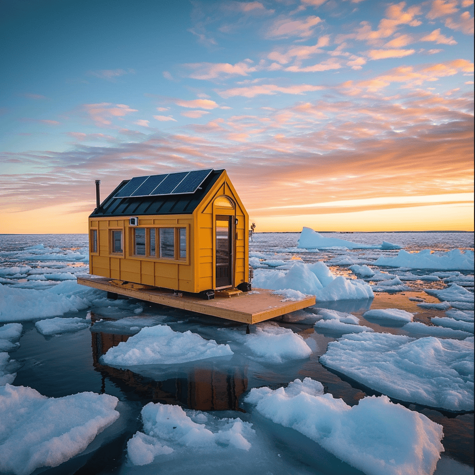 Image montrant une petite maison dérivant sur l'océan artique avec des panneaux photovoltaïques